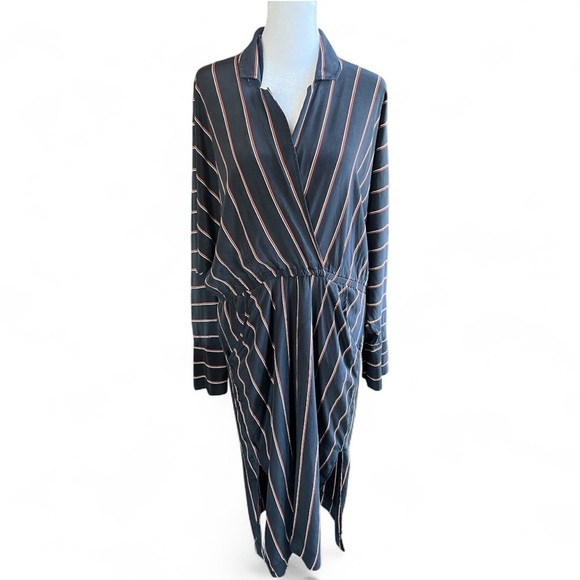 A.L.C 100% Silk Nico Surplice Stripe Collared Midi Dress Size 8 - Picture 2 of 11